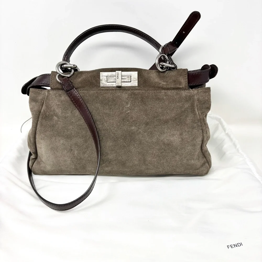 Fendi Peekaboo Top Handle Bag Dove Grey Suede Medium Silver Hardware - Picture 5 of 16